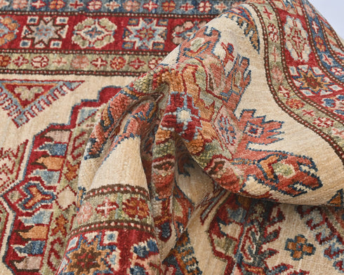 11 Feet Beige Kazak Afghan Hand Knotted Wool Runner Rug